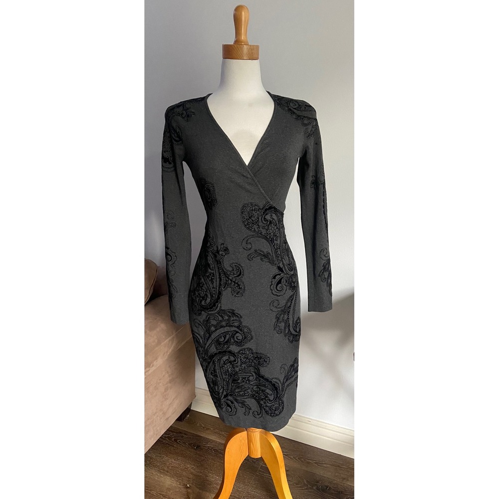 White House Black Market Gray Velvet Flocked Paisley Sequin Wrap Sheath Dress Sm